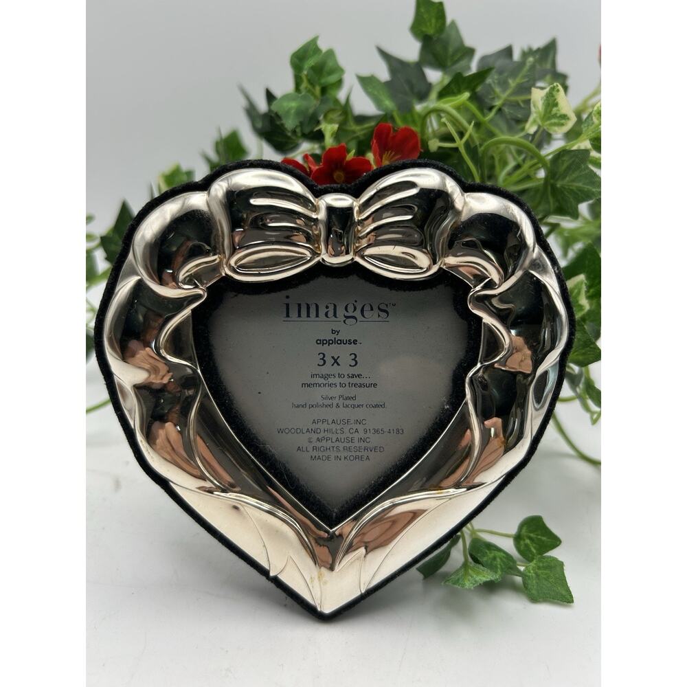 Vintage Silver Plated 3x3 Frame. Heart Shaped With A Bow